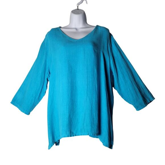 Match Point USA Boho 100% Linen Top XL Turquoise 3/4 Sleeve Tunic Side Slits - Picture 1 of 8